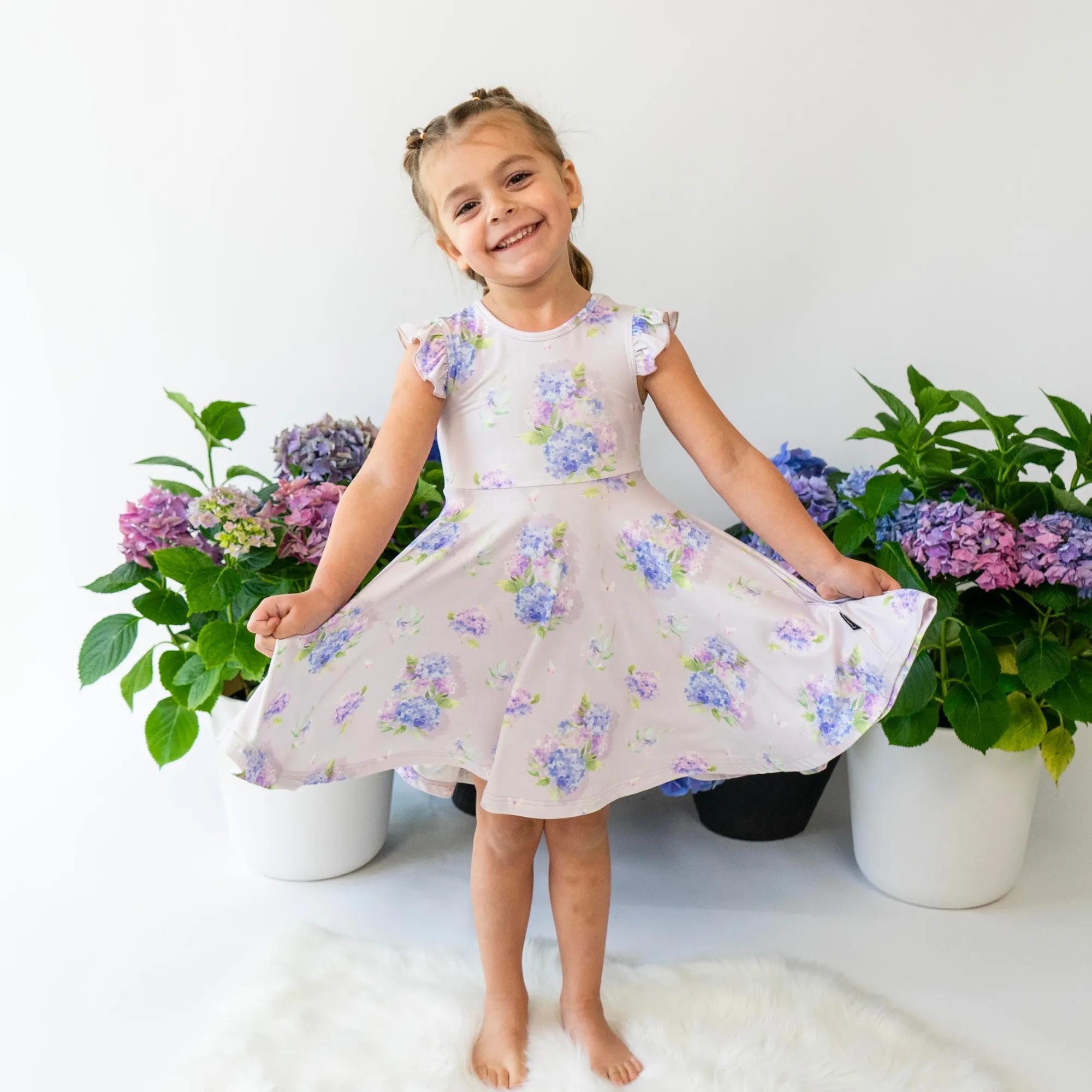 Ruffled Sleeves Twirl Dress - Hydrangeas