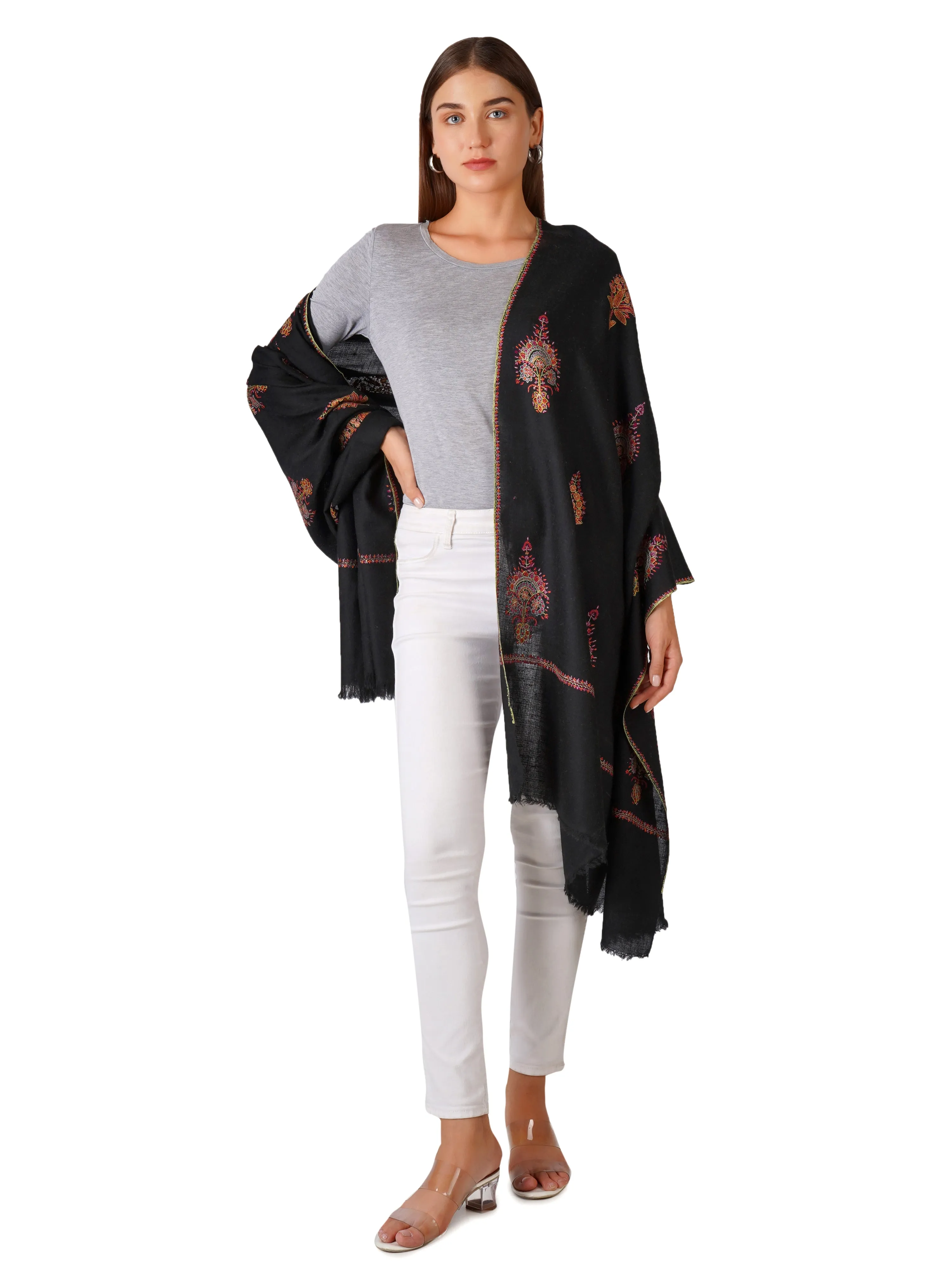 Stylish Black Pashmina Shawl with Elegant Embroidery - Luxurious and Soft