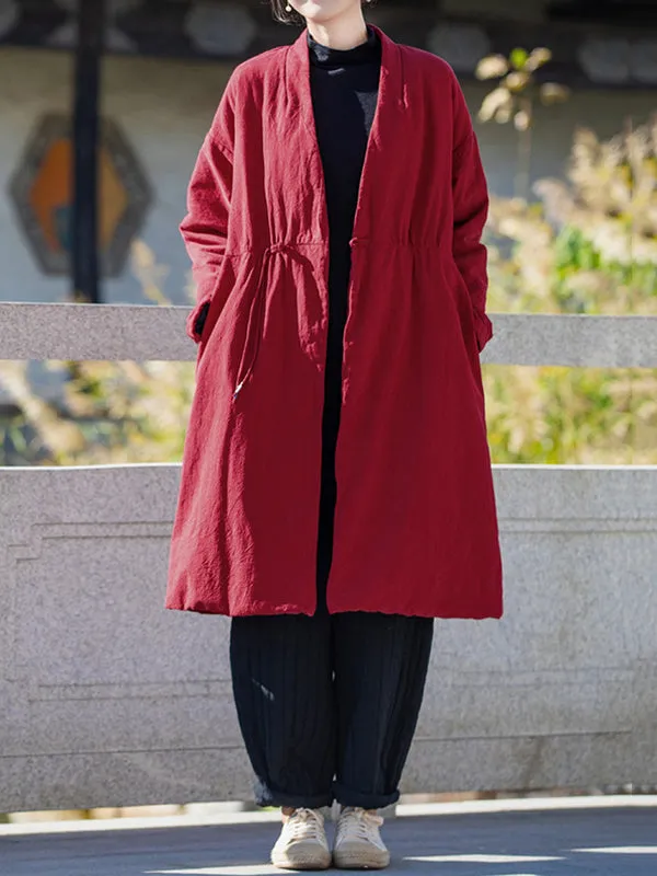 xakxx Long Sleeves Loose Cotton-Padded Clothes Drawstring Quilted Solid Color Velvet V-Neck Outerwear Padded Coat