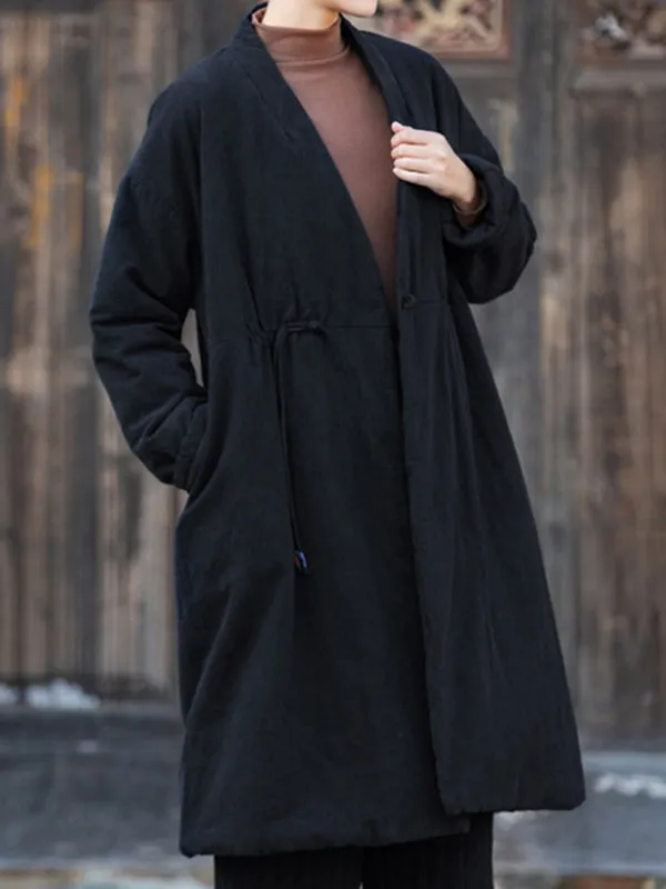 xakxx Long Sleeves Loose Cotton-Padded Clothes Drawstring Quilted Solid Color Velvet V-Neck Outerwear Padded Coat