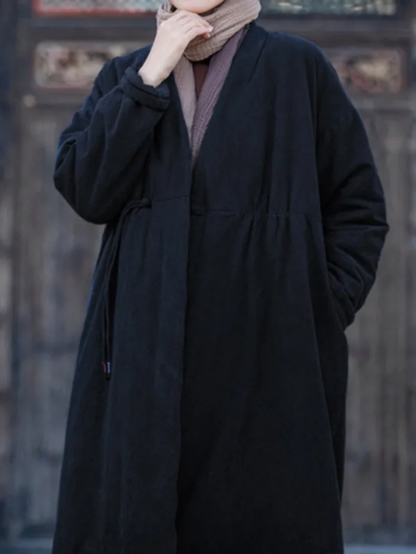 xakxx Long Sleeves Loose Cotton-Padded Clothes Drawstring Quilted Solid Color Velvet V-Neck Outerwear Padded Coat
