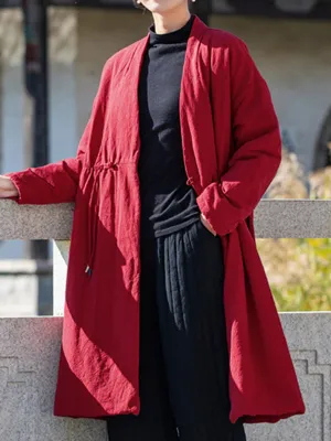 xakxx Long Sleeves Loose Cotton-Padded Clothes Drawstring Quilted Solid Color Velvet V-Neck Outerwear Padded Coat