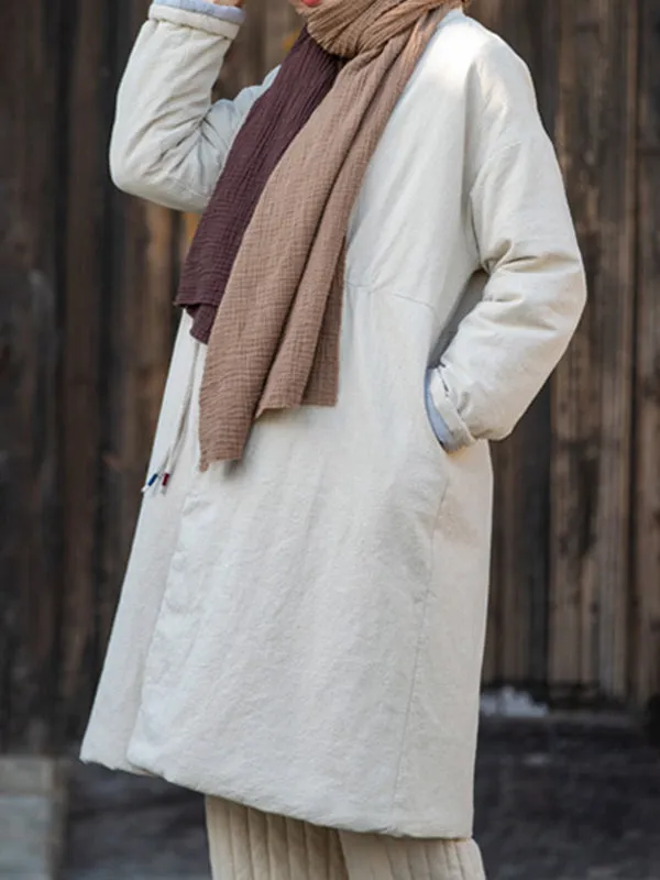xakxx Long Sleeves Loose Cotton-Padded Clothes Drawstring Quilted Solid Color Velvet V-Neck Outerwear Padded Coat