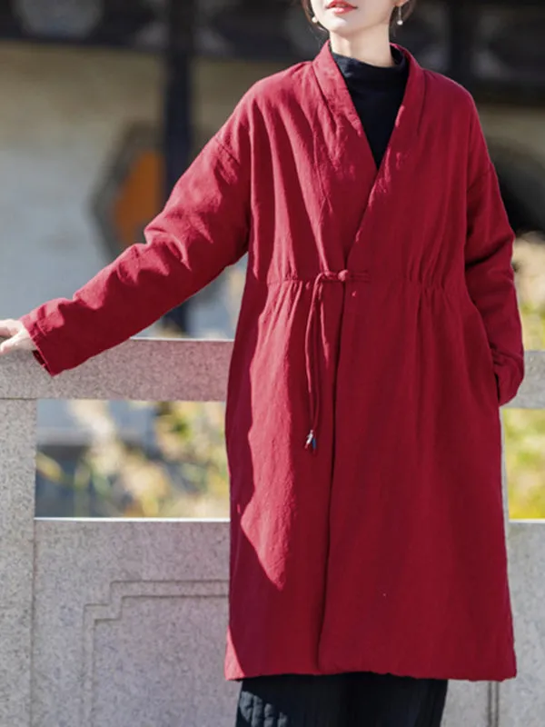 xakxx Long Sleeves Loose Cotton-Padded Clothes Drawstring Quilted Solid Color Velvet V-Neck Outerwear Padded Coat