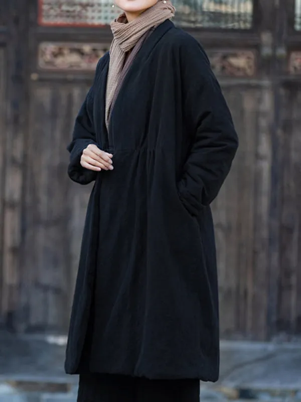 xakxx Long Sleeves Loose Cotton-Padded Clothes Drawstring Quilted Solid Color Velvet V-Neck Outerwear Padded Coat