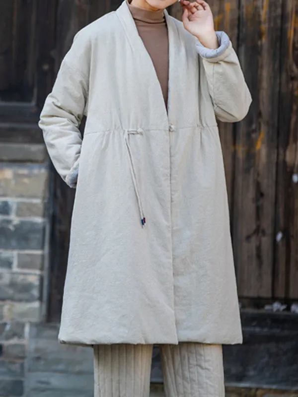 xakxx Long Sleeves Loose Cotton-Padded Clothes Drawstring Quilted Solid Color Velvet V-Neck Outerwear Padded Coat