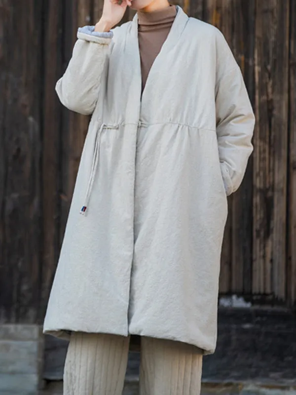 xakxx Long Sleeves Loose Cotton-Padded Clothes Drawstring Quilted Solid Color Velvet V-Neck Outerwear Padded Coat