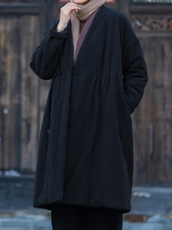 xakxx Long Sleeves Loose Cotton-Padded Clothes Drawstring Quilted Solid Color Velvet V-Neck Outerwear Padded Coat